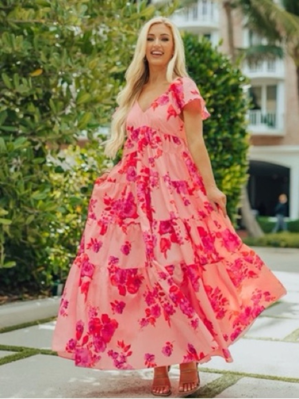 BUDDY LOVE Floral JULES Tiered Ruffle Maxi Dress with Flutter Sleeves Size XS